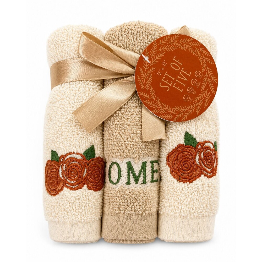 Thanksgiving Floral Washcloths Set of 5 Beige Embroidered Fall Face Cloths Home